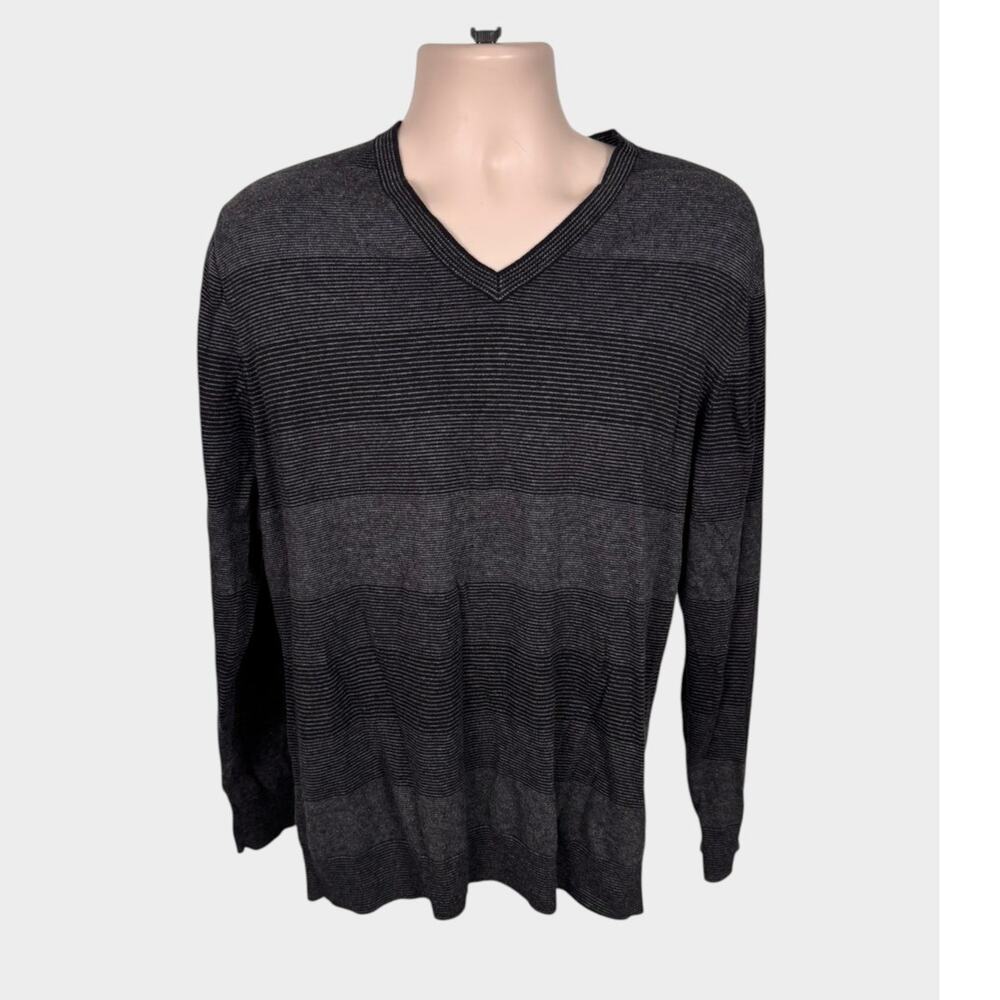 Claiborne Large Mens V Neck Charcoal Gray Black Stripe V Neck Sweater